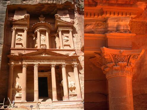 carved monument called the Treasury and a close-up of one of it's columns
