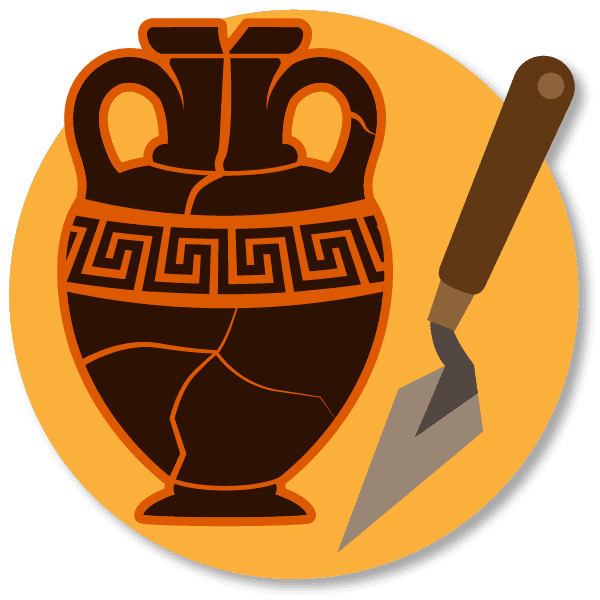 circular icon with Ancient Greek amphora and a trowel