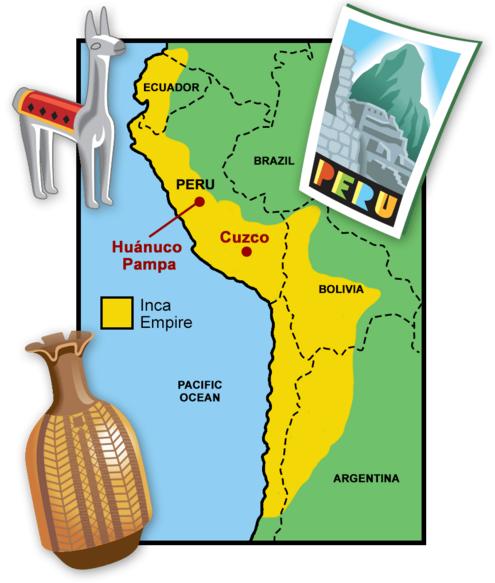Map of South America with yellow area designated to show footprint of Inca Empire, llama figurine, Peru travel poster, and a piece of pottery
