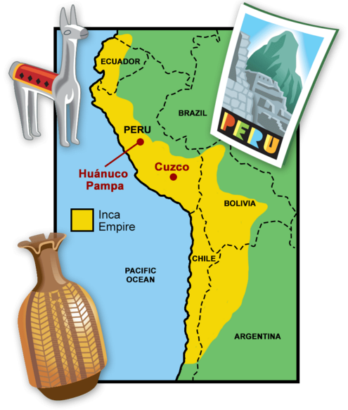 Map of South America with yellow area showing footprint of Inca Empire. Spot art of llama figurine, Peru travel poster, and a piece of pottery