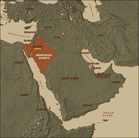 orange overlay of Nabataean Empire on top of modern day map of Middle East
