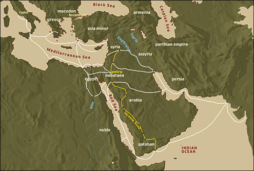 map of showing trade extensive trade routes through Middle East and reaching Europe