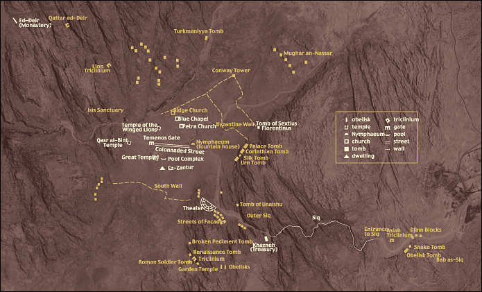 All the major buildings diagrammed on top of aerial view, including the Theater, Blue Chapel, Petra Church and Qasr al-Bint