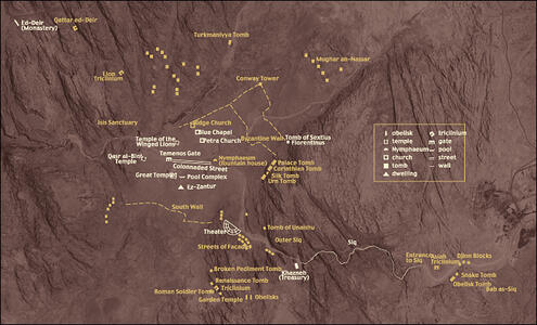 All the major buildings diagrammed on top of aerial view, including the Theater, Blue Chapel, Petra Church and Qasr al-Bint