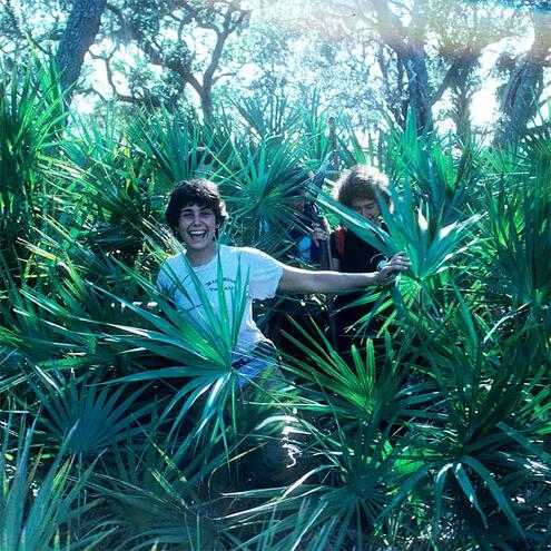 Two people walking through branches in a forest