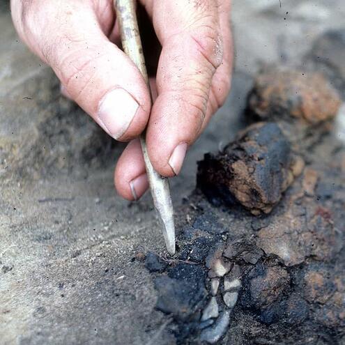 close-up of hand using dental pick on rock