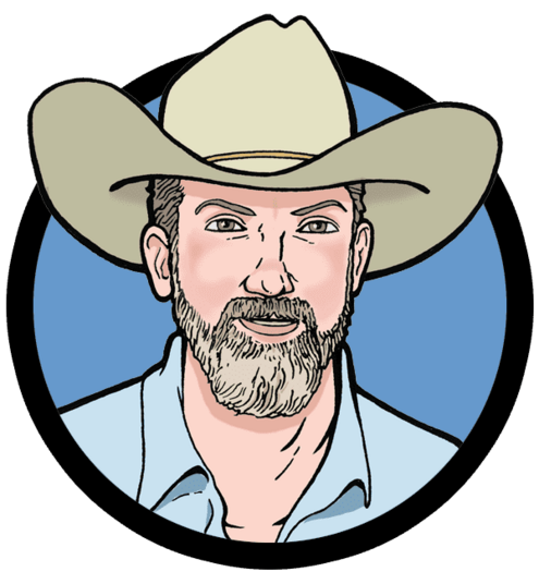 Cartoon headshot of David Hurst Thomas in a cowboy hat