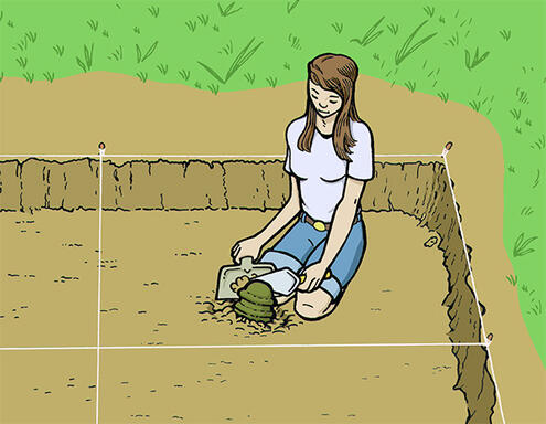 person scaping the soil with a trowel