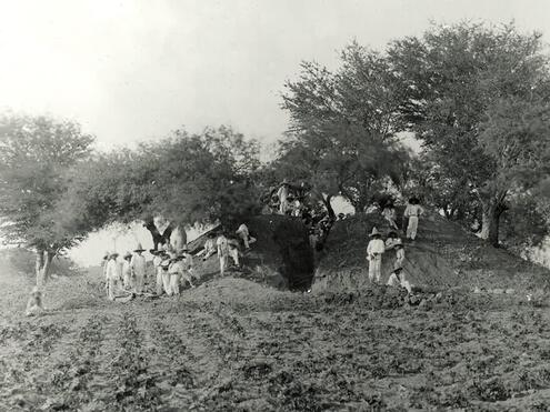 Saville and team on dirt mound over the tomb