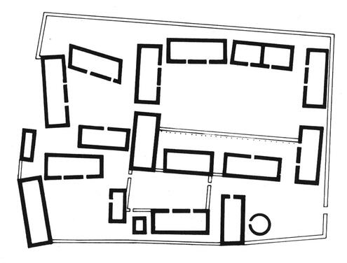 handdrawn map showing eight rectangles (representing buildings) clustered around an area, with several more rectangles scattered around them.