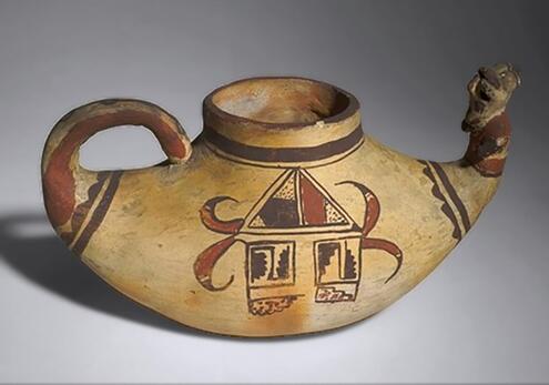 pottery vessel resembling a squat teapot with a simple design in the middle. 