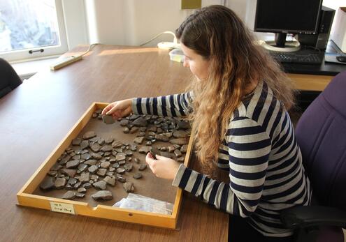 Woman seated at a table sorting and comparing pottery pieces by hand, while bent over a tray full of many labeled pieces. 