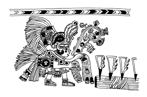 Line drawing of a stella from Teotihuacan. It depicts a man donning an elaborate feathered headdress and cape, as well as a loin cloth and sandals.