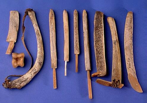 An array of long tools, including an ax and cutting tool, made of wood, bone, and leather. 