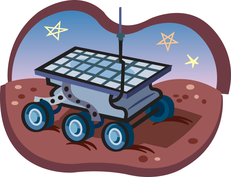 Cartoon illustration of six-wheeled rover on the surface of Mars.