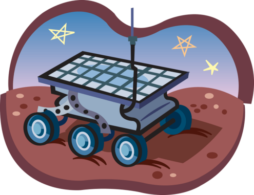 Cartoon illustration of six-wheeled rover on the surface of Mars.