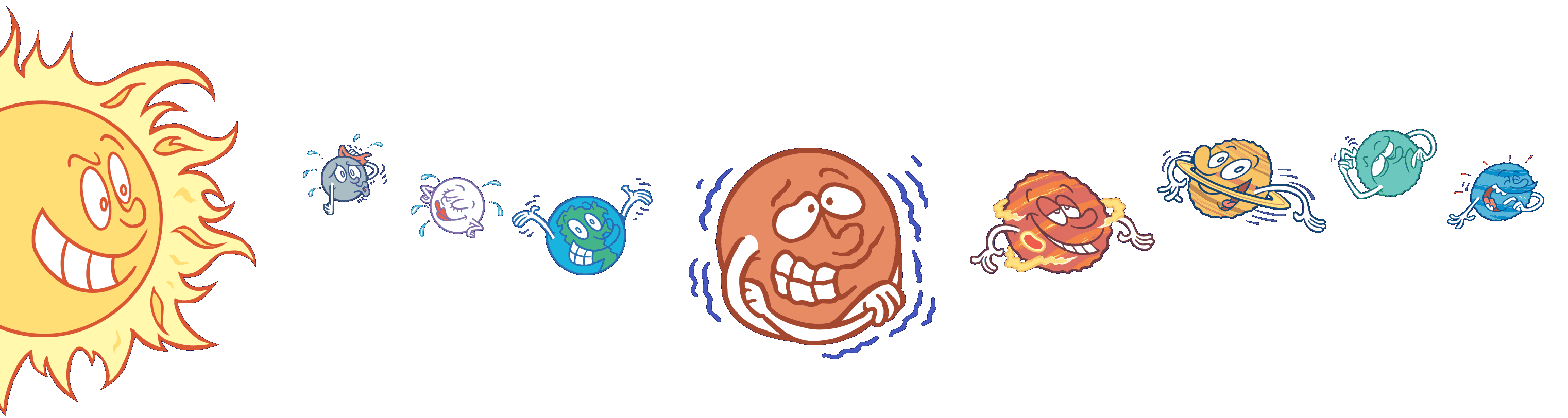 Cartoon illustration of the sun and 9 planets in our solar system.