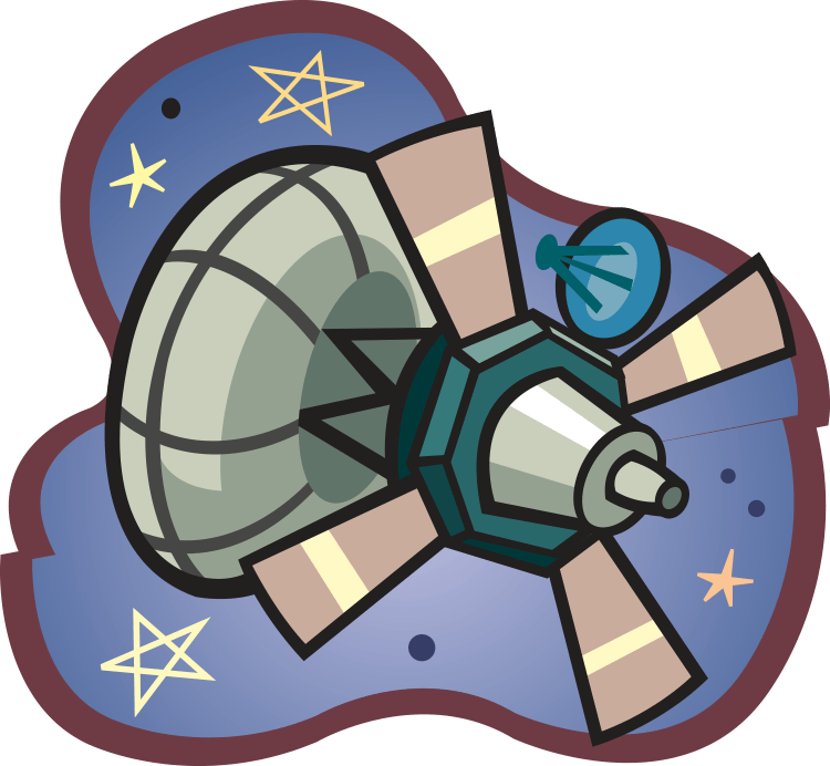 Cartoon illustration of spacecraft with satellite attached surrounded by stars.
