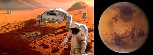 Rendering of person in space suit, walking on Mars in a colony and image of the planet Mars from afar