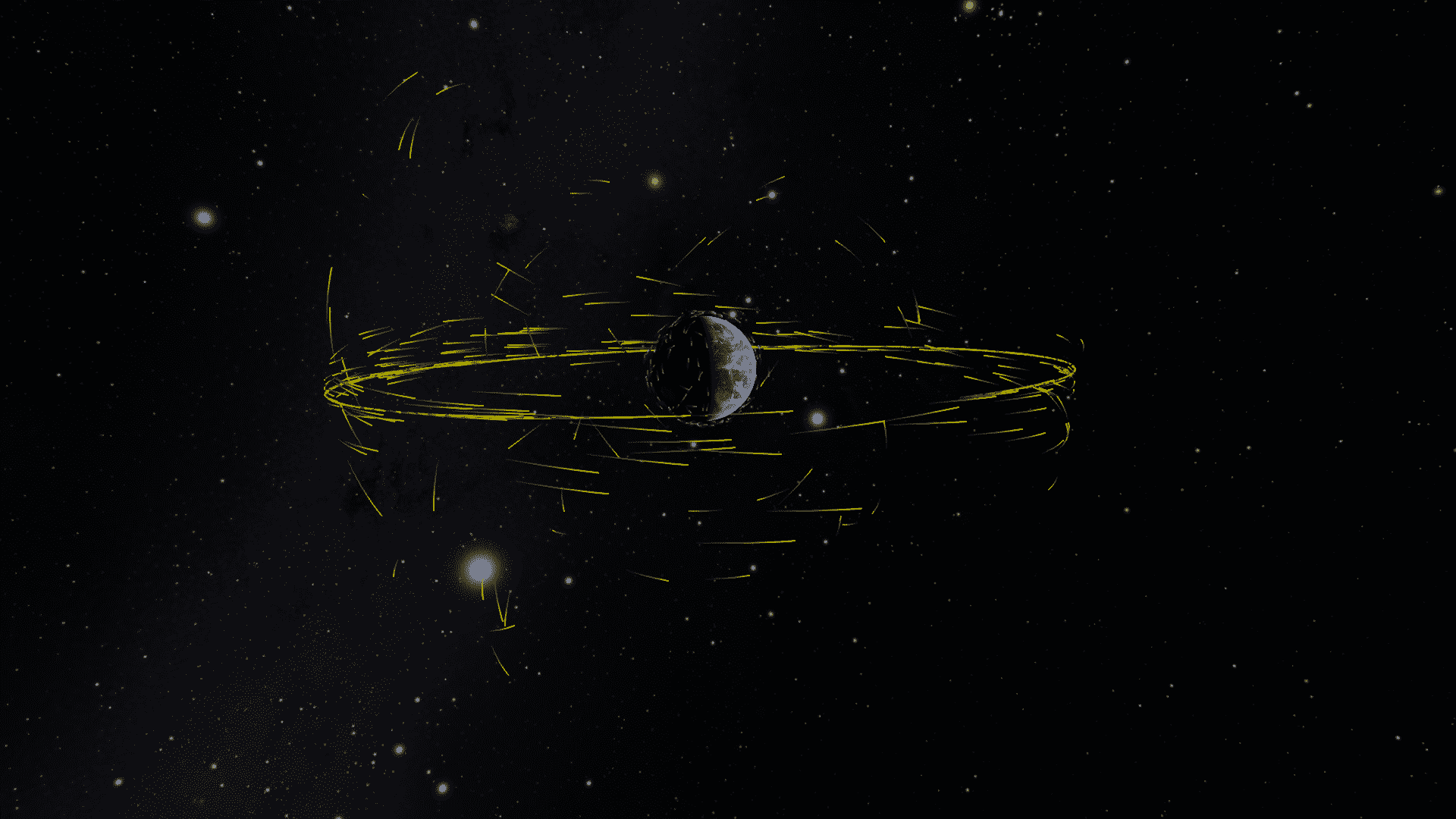 view of Earth from afar with yellow lines around it