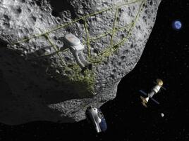 An astronaut works on an asteroid, the Earth, Moon and a space station can be seen afar