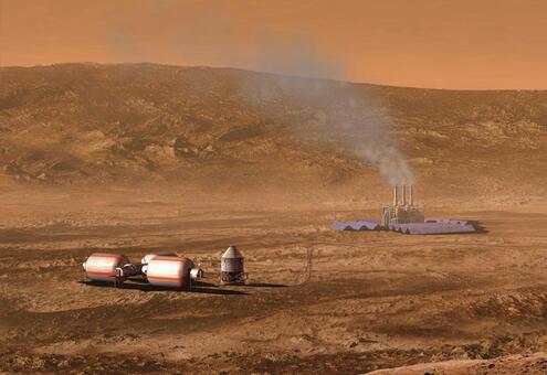 Factory with smoke coming out of its chimneys and space objects on an arid orange landscape with orange hills in the background