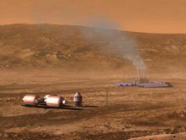 Factory with smoke coming out of its chimneys and space objects on an arid orange landscape with orange hills in the background