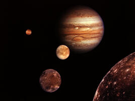 Montage of Jupiter and the Galilean satellites, Io, Europa, Ganymede, and Callisto, all photographed by Voyager 1