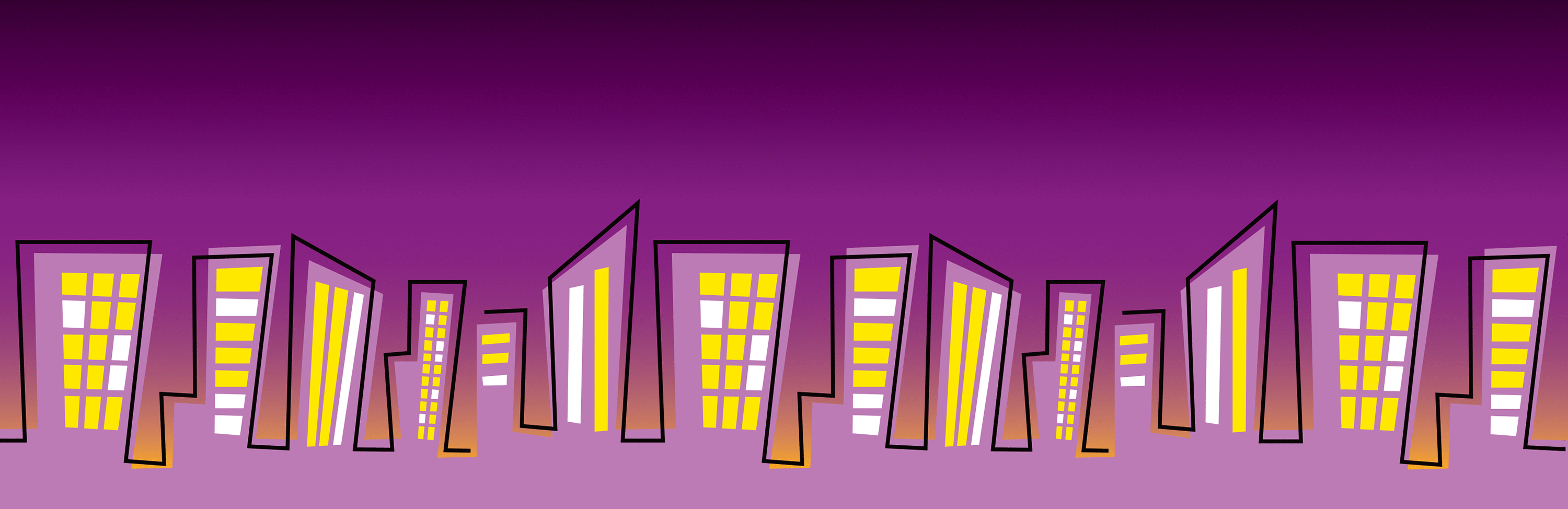A cityscape against a light pink sky.