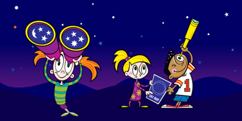Cartoon of a girl holding a star map next to a boy gazing up at the night sky through a handheld telescope.