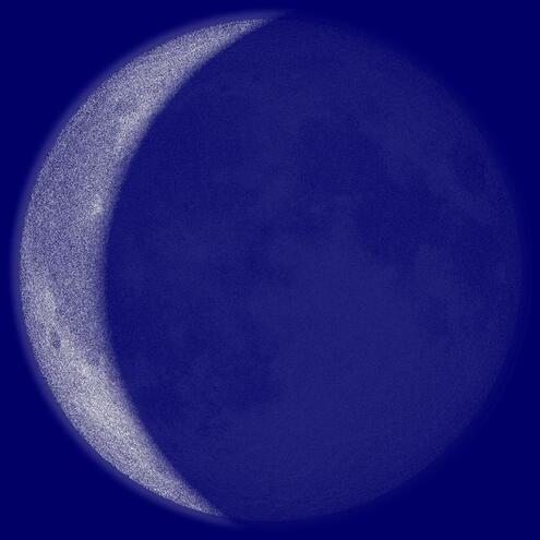 Moon with only a crescent of it's left side illuminated. 