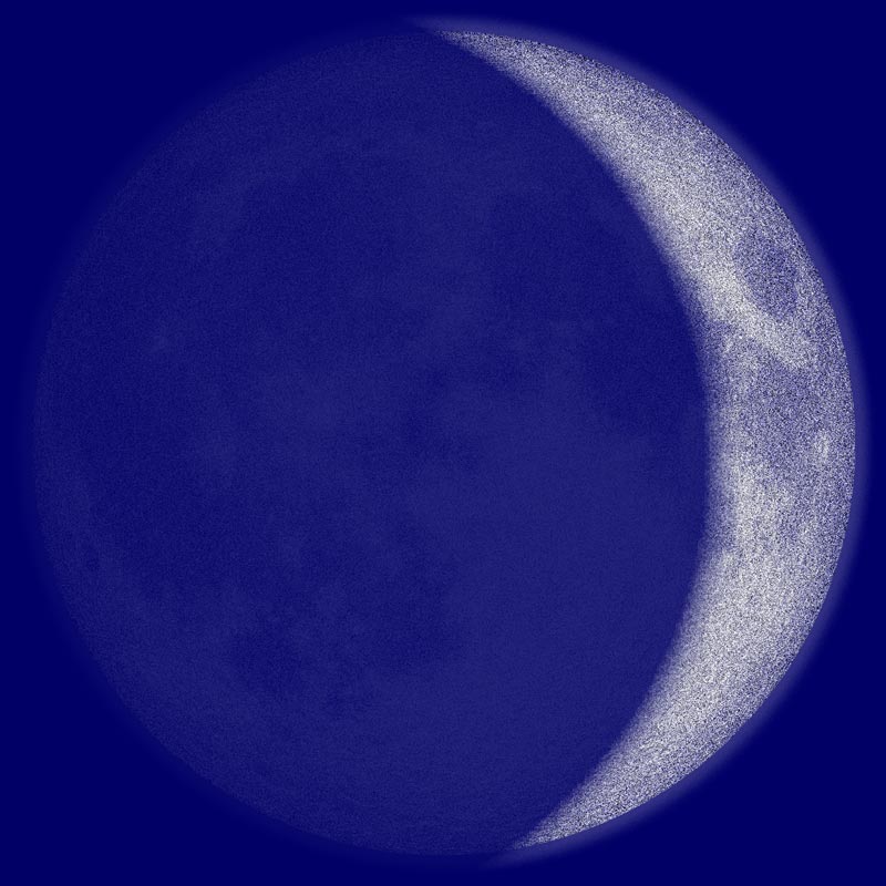 Moon showing only a thin, crescent shape of illumination on its right side.