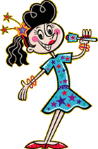 Cartoon of a person with a pouf hairstyle, star shaped hair accessories, star-patterned dress and bright shoes standing with a microphone.
