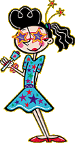 Cartoon of a person holding a microphone wearing a star-patterned dress, star sunglasses, a star hair-tie and bright shoes.