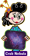 Cartoon of a person with a pouf hairstyle, star shaped hair accessories, and star dress holding up a rounded square depicting a "Crab Nebula."