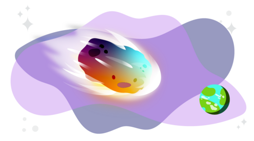 illustration of a cartoon asteroid with a worried look on its face