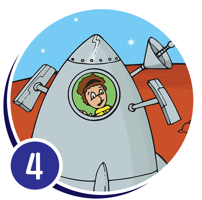 Girl inside spaceship on the surface of a red planet.