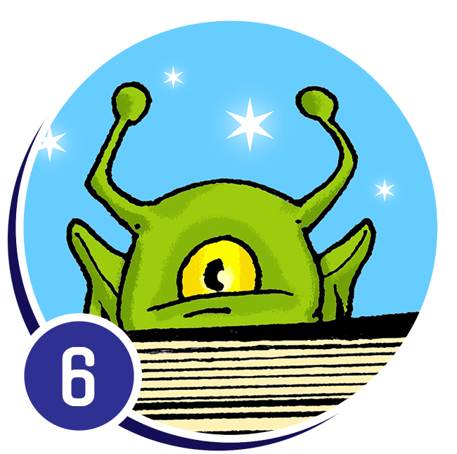 Alien head with one eye, green skin, pointy ears and a set of antenna.