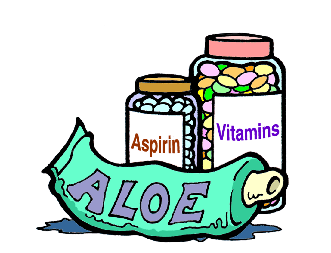 a tube of aloe, with bottles of aspirin and vitamins in the background.