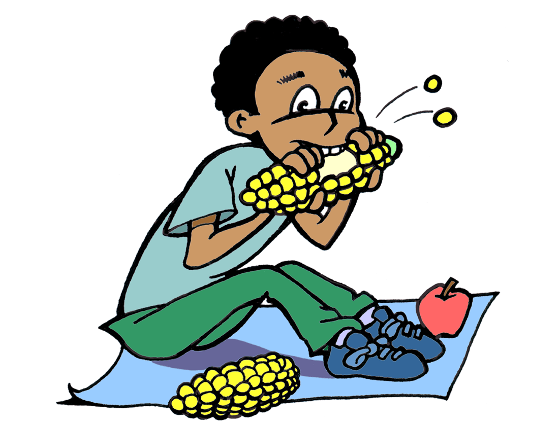 drawing of boy sitting on a blanket and eating corn on the cob.