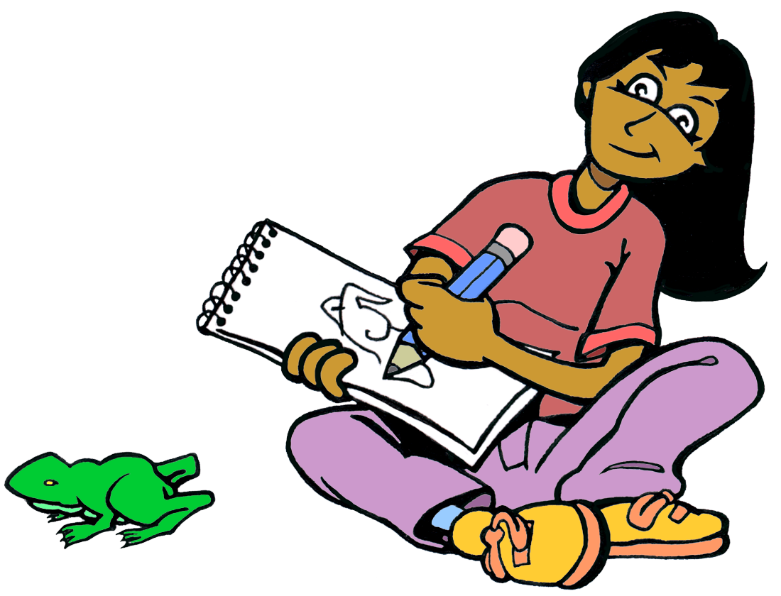 drawing of a girl observing a green frog on the floor and drawing it in her sketchpad.