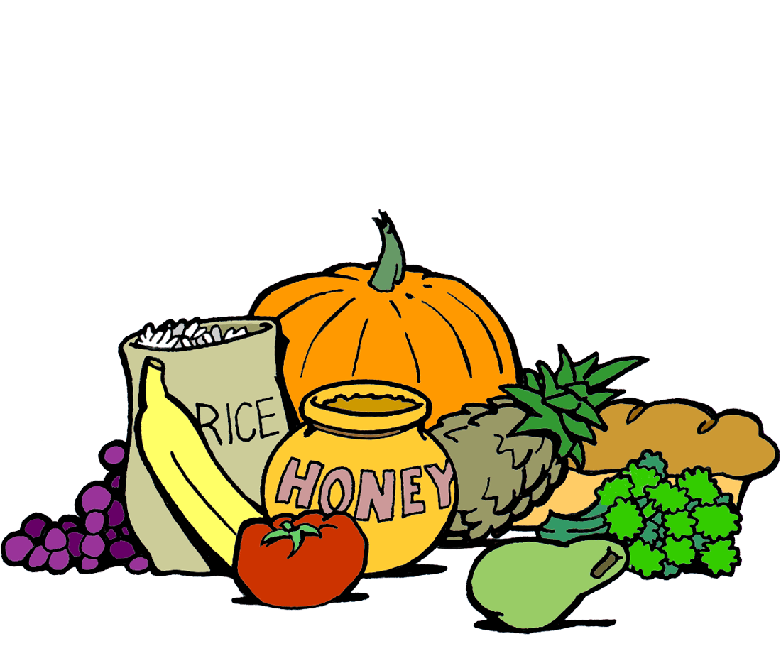 drawing of a honeypot, a bag of rice and a load of bread, along with various fruits and vegetables.
