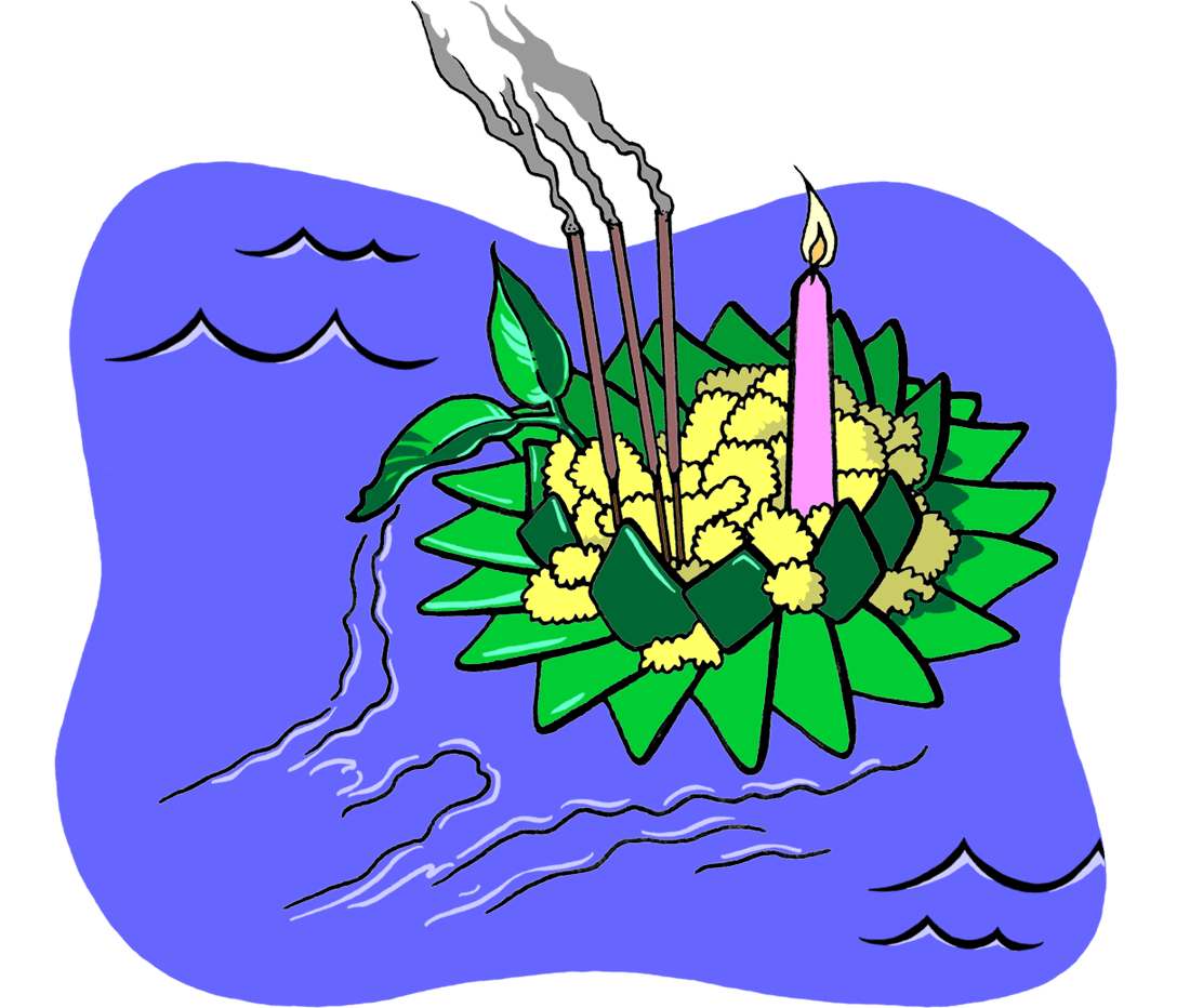Drawing of a Krathong carrying flowers, a lit candle, and burning incense sticks while floating in water.