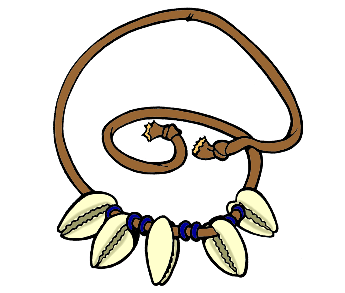 A drawing of a necklace with five cowry shells on it.