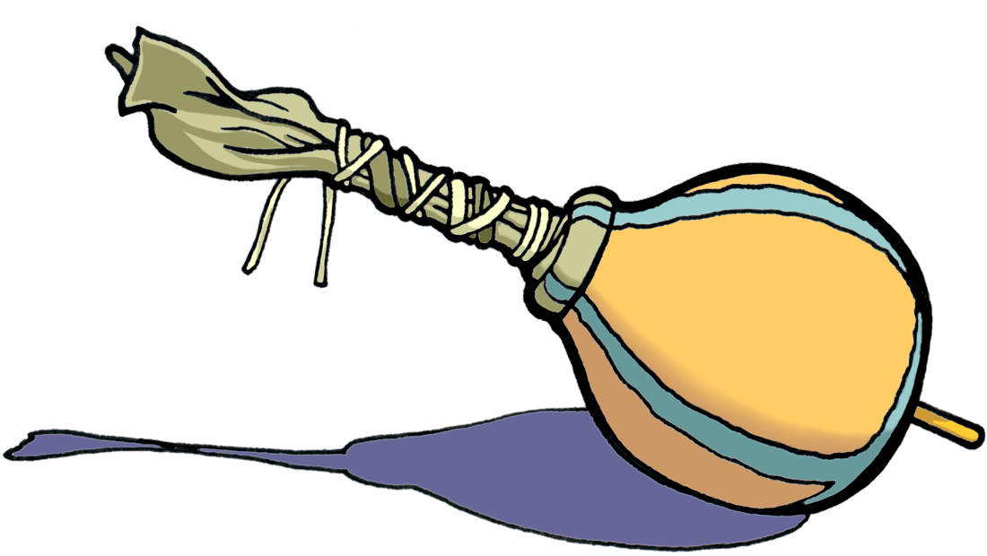 drawing of a rattle, made of a large gourd painted with two vertical stripes and a stick wrapped with fabric and tied with string.