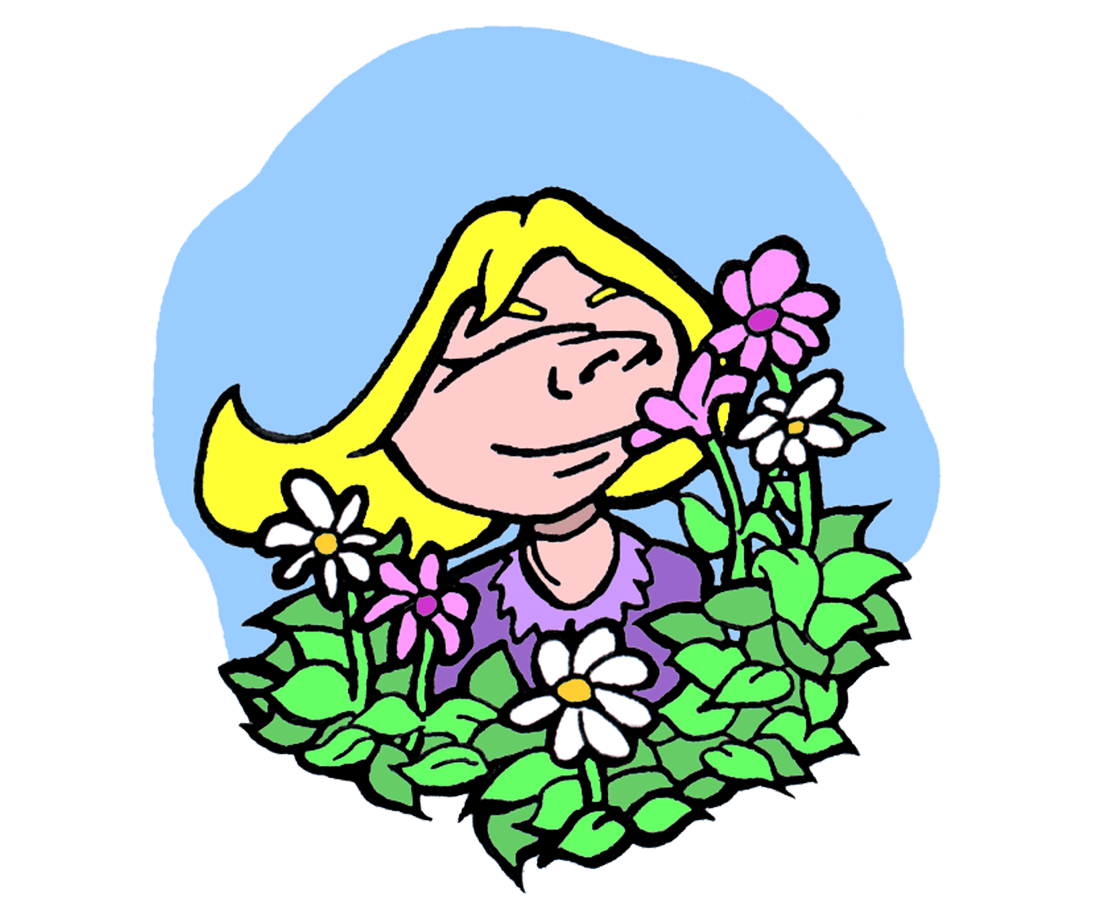 drawing of girl smelling pink and white flowers