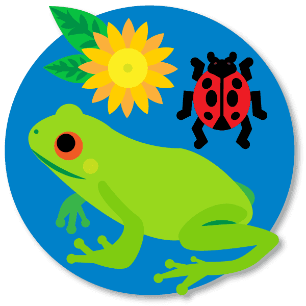 circular icon with a frog, a yellow flower, and a ladybug