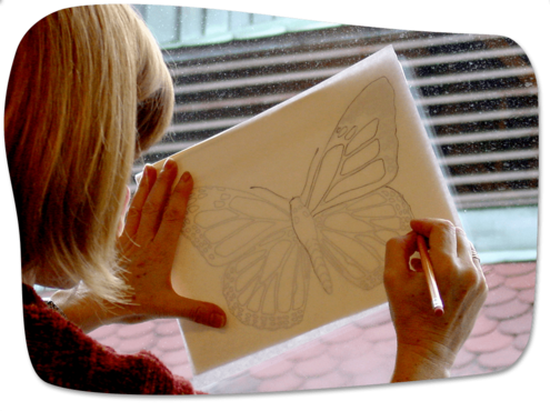 Ivy tracing the monarch by holding pages up to the light of a window