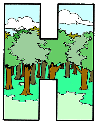 Capital letter H with inset animation of trees getting chopped down