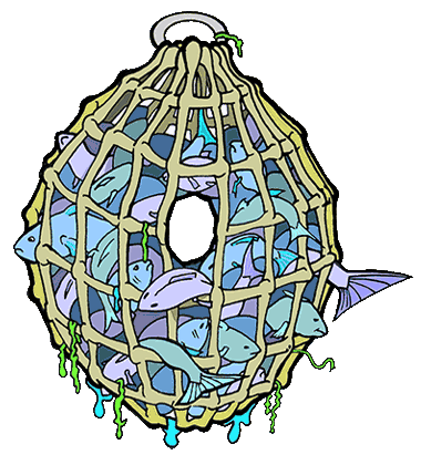 Capital letter O with inset animation of many fish trapped in a fishing net